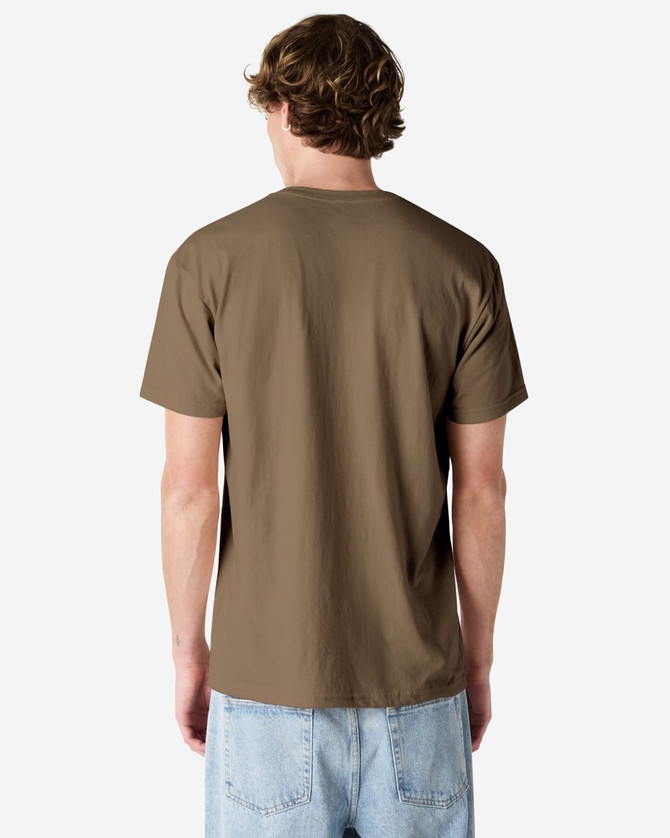 A unisex Henley T-shirt in brown, featuring a logo, viewed from the back.