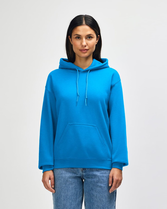 A model wearing a bright blue hooded sweatshirt with a front pocket and drawstring hood.