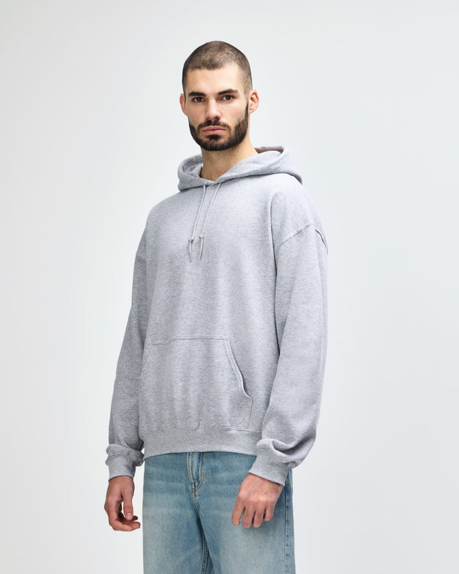 A grey hooded sweatshirt with a front pocket and a drawstring hood, featuring a logo on the chest.