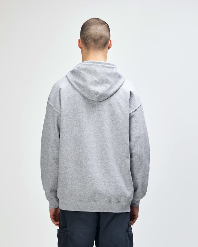 A grey Gildan Heavy Blend adult full zip hooded sweatshirt, featuring a hood and a plain back design.