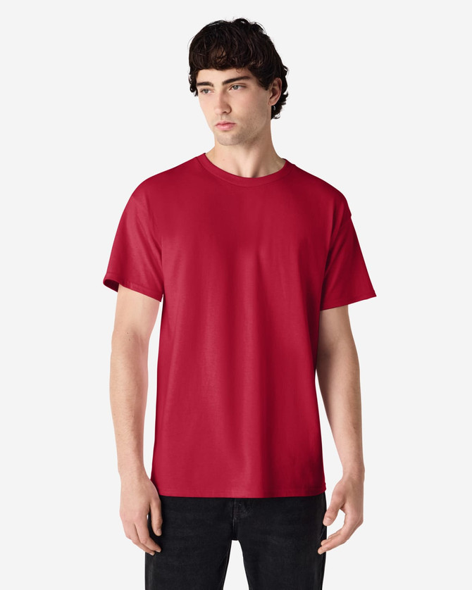 A red Gildan Ultra Cotton adult T-shirt with a plain design and short sleeves, featuring a logo.