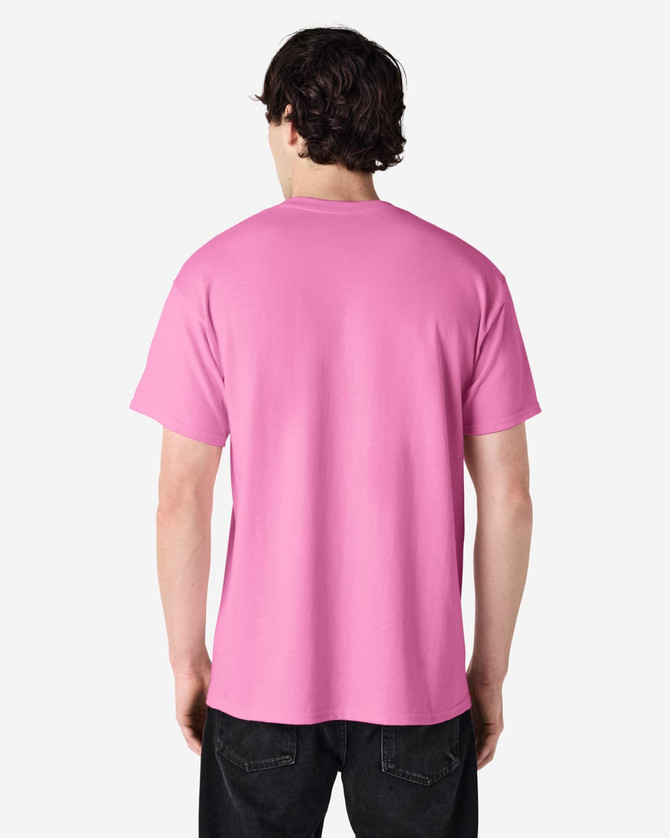 A pink Gildan Ultra Cotton adult T-shirt displayed from the back, featuring a plain design and a casual fit.
