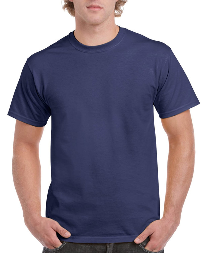 A navy blue Gildan Ultra Cotton adult T-shirt displayed on a person, featuring a logo on the chest area.