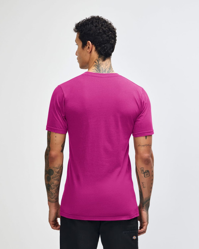 A unisex fine jersey short sleeve t-shirt in vibrant purple, featuring a logo on the back.