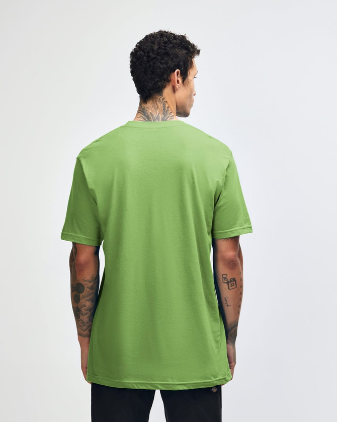 A green unisex short sleeve t-shirt with a back view, featuring a logo on the lower side.