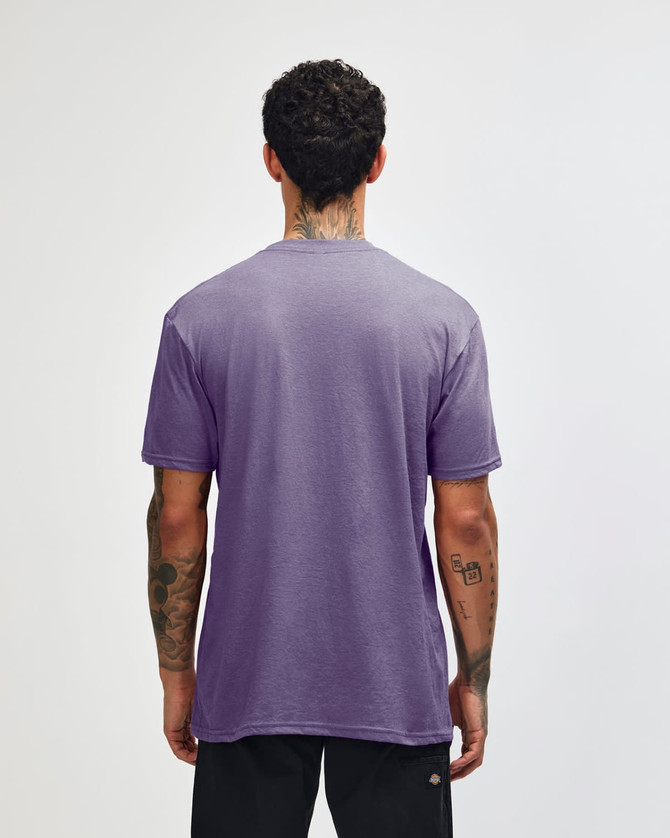 A unisex short sleeve T-shirt in a purple shade, featuring a simple design and a logo on the back.