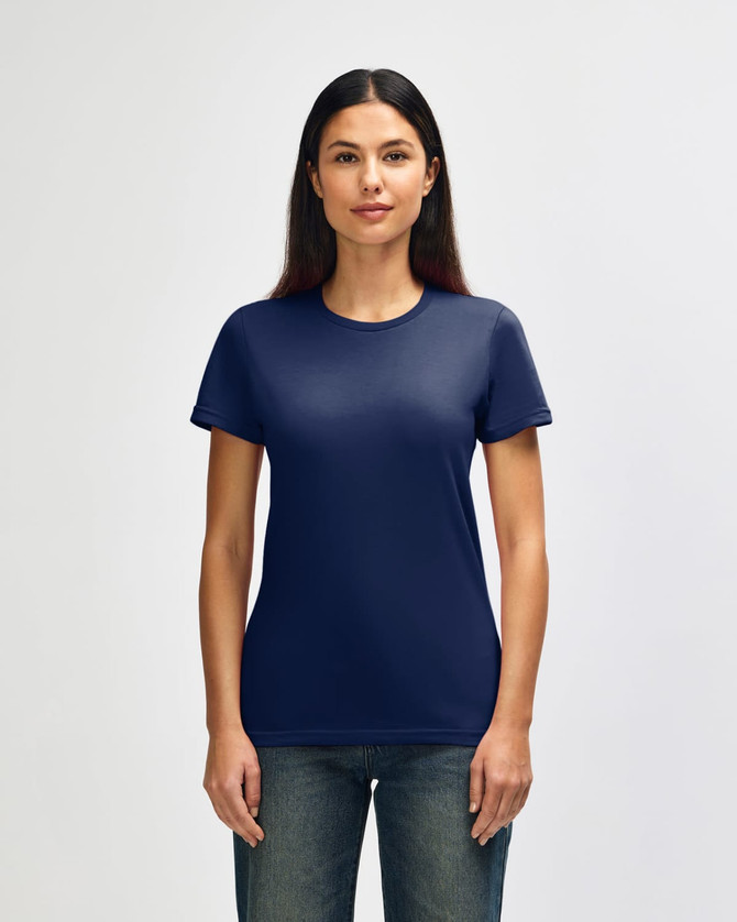 A navy blue ladies' t-shirt with a round neckline and short sleeves, featuring a logo on the chest area.