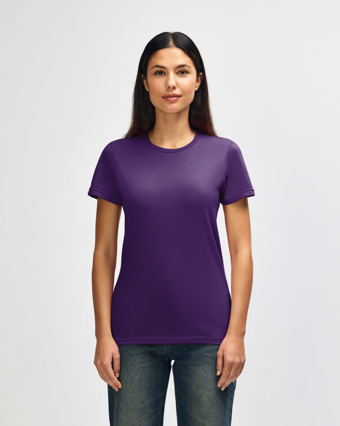 A purple ladies' t-shirt is displayed on a model. The shirt features a logo on the front.