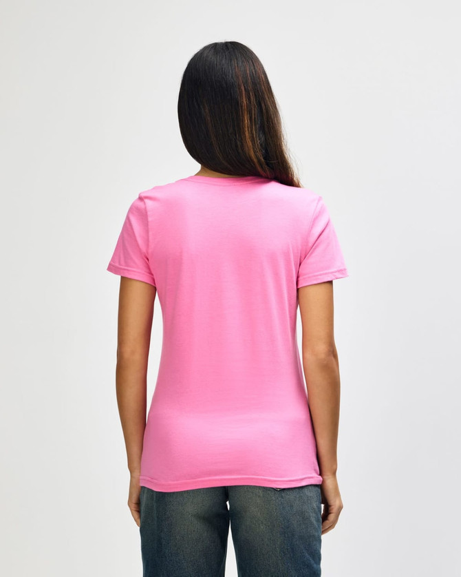 A pink ladies' V-neck T-shirt seen from the back, featuring a fitted design. Includes a small logo on the label.