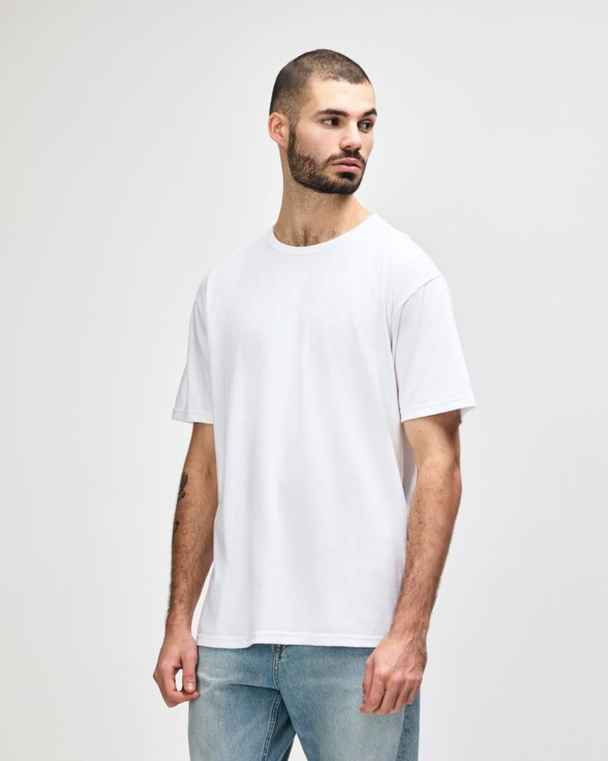 A white midweight T-shirt displayed on a male model, featuring a standard crew neck and short sleeves.