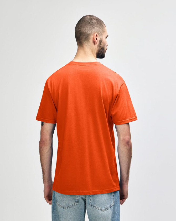 An orange adult midweight T-shirt viewed from the back, featuring short sleeves and a slightly relaxed fit.