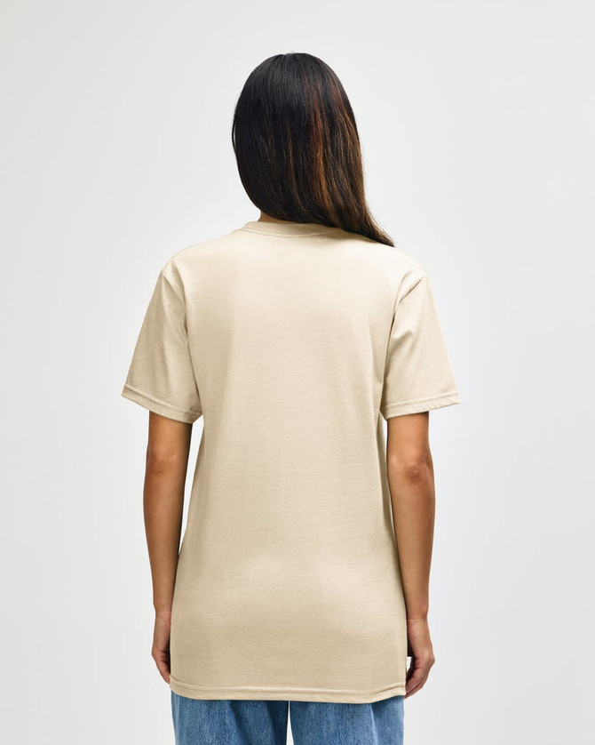 A midweight adult T-shirt in beige with a simple design, featuring a branding logo on the back.