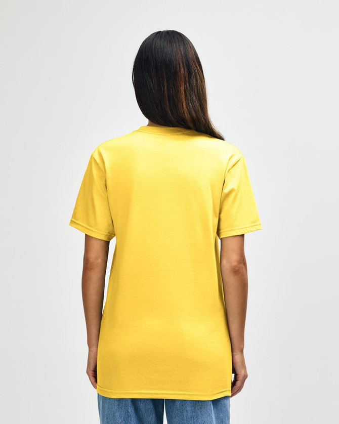 A midweight adult t-shirt in yellow with a blue panel on the back, featuring a logo.