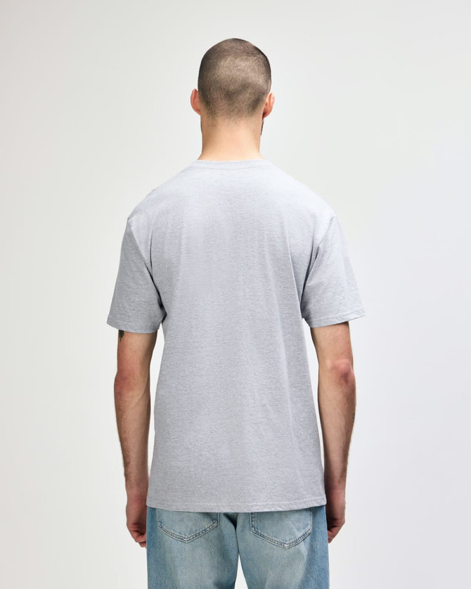 A man wearing a grey Gildan Softstyle adult midweight T-shirt, viewed from the back.