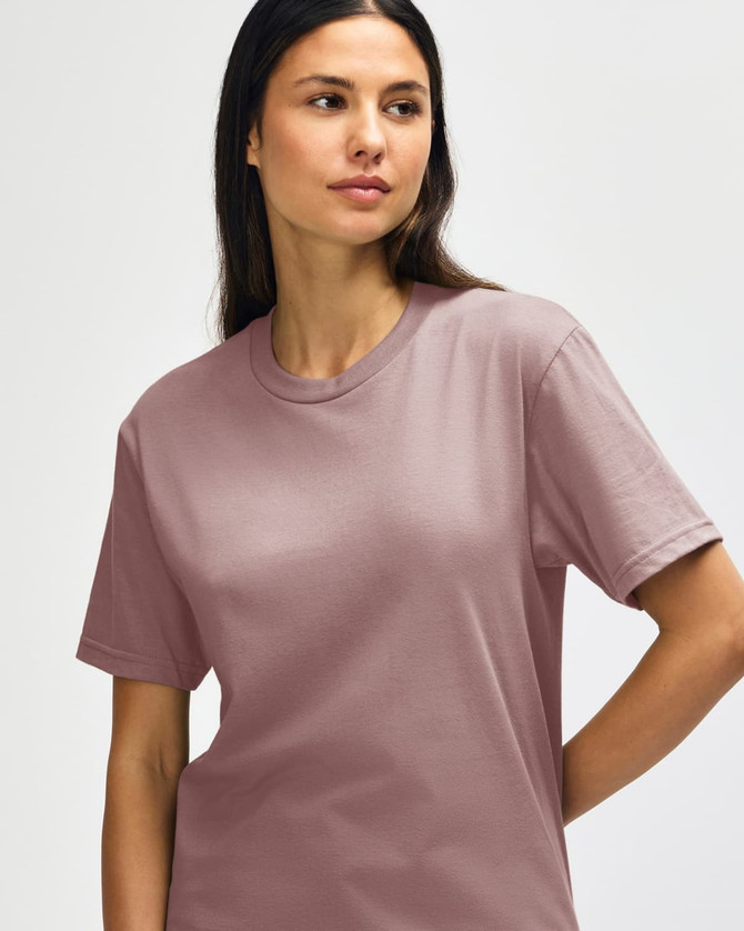 A midweight adult t-shirt in a soft rose hue, featuring a logo on the front.
