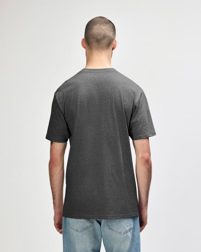 A grey Gildan Softstyle adult midweight T-shirt, viewed from the back, featuring short sleeves and a simple design.