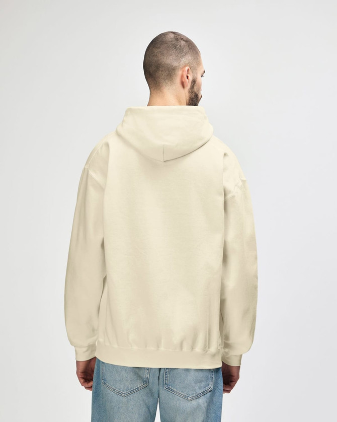 A cream-coloured adult hooded sweatshirt viewed from the back, featuring a hood and long sleeves.