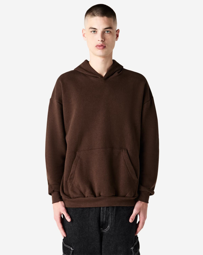 A unisex hooded sweatshirt in brown, featuring a front pocket and a logo.
