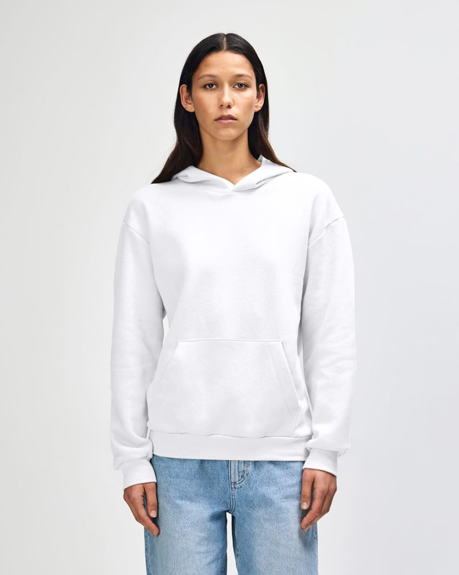 A unisex hooded sweatshirt in white, featuring a front pocket and a logo.