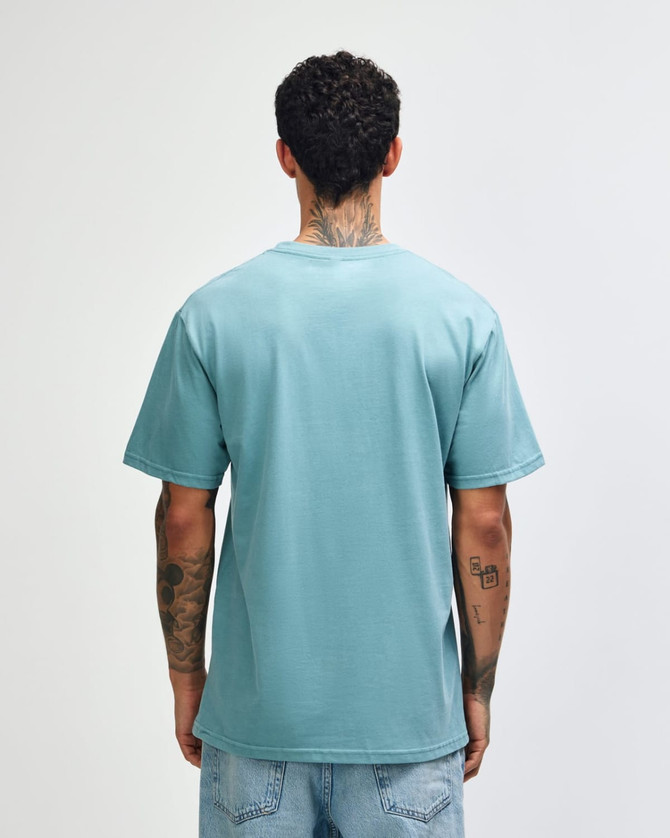 A unisex short sleeve T-shirt in a light blue hue, featuring a simple design and no visible logo.
