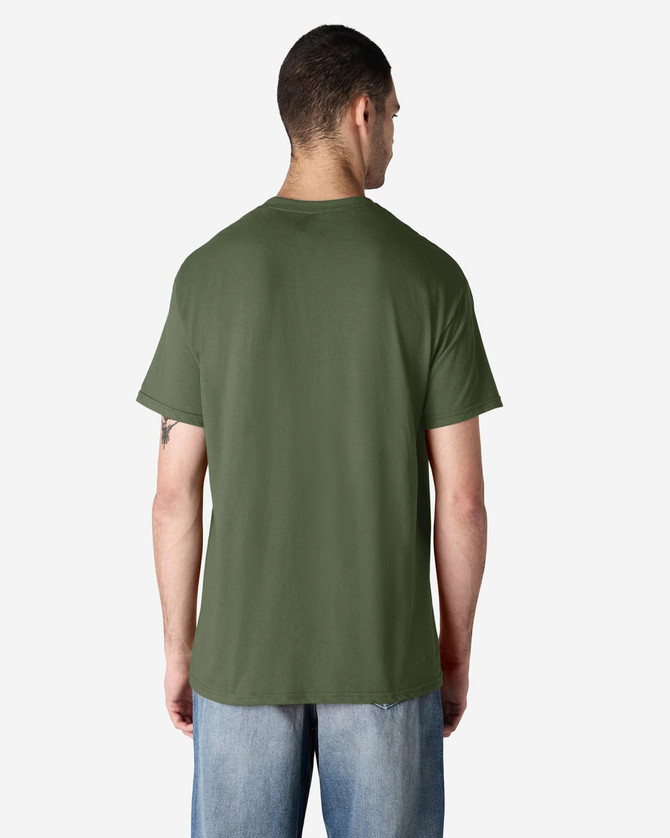 A green Gildan Light Cotton T-Shirt viewed from the back, featuring a simple design and a logo.