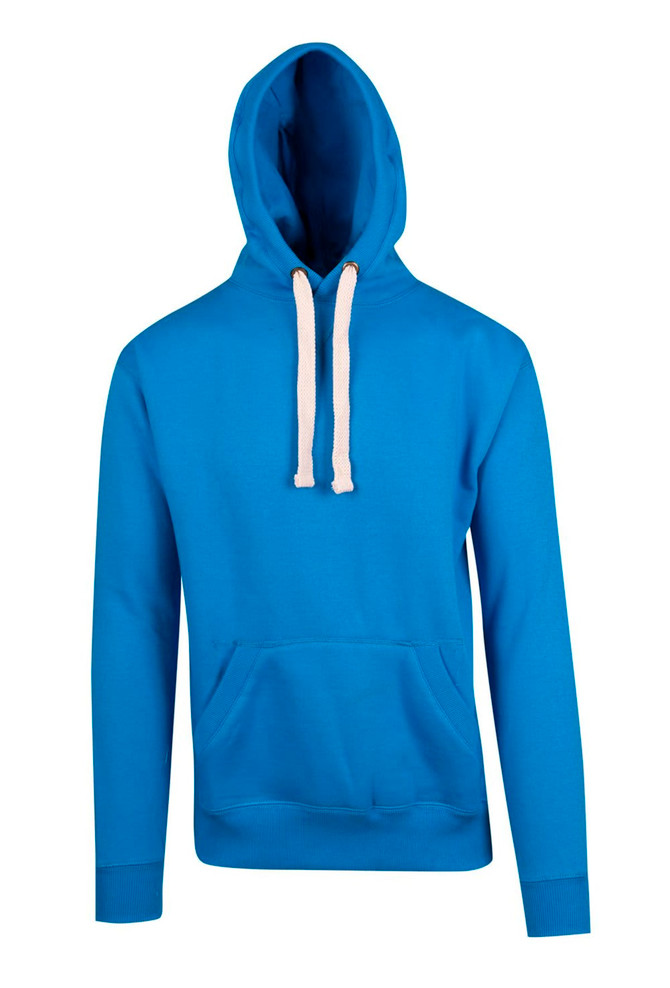 A blue men's brushed heavy fleece hoodie with a front pocket and cream drawstrings. It features a logo.