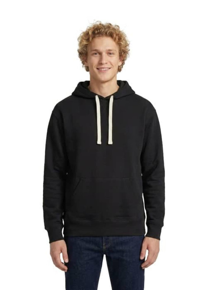 A blue men's brushed heavy fleece hoodie with a front pocket and drawstring hood. Features a logo on the clothing.