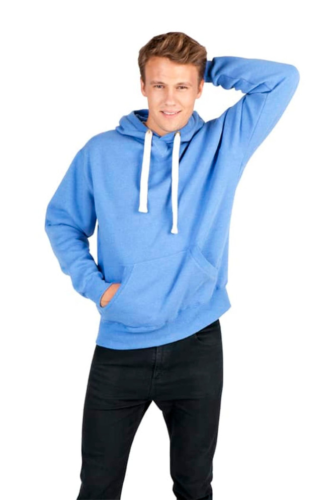 A blue men's brushed heavy fleece hoodie with a front pocket and drawstring hood, worn by a model.