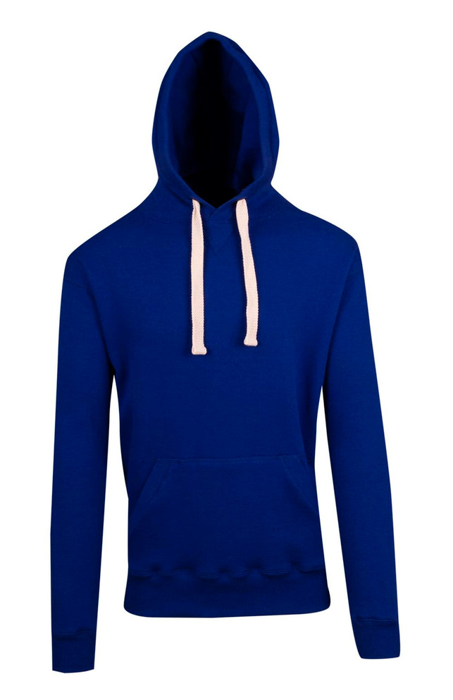 A blue men's brushed heavy fleece hoodie with a kangaroo pocket and contrasting drawstrings. It features a logo.
