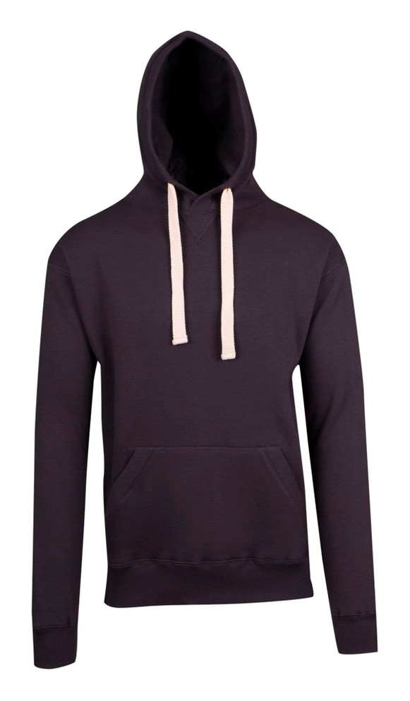 A men's brushed heavy fleece hoodie in dark grey with a drawstring hood and front pocket. It has a logo.