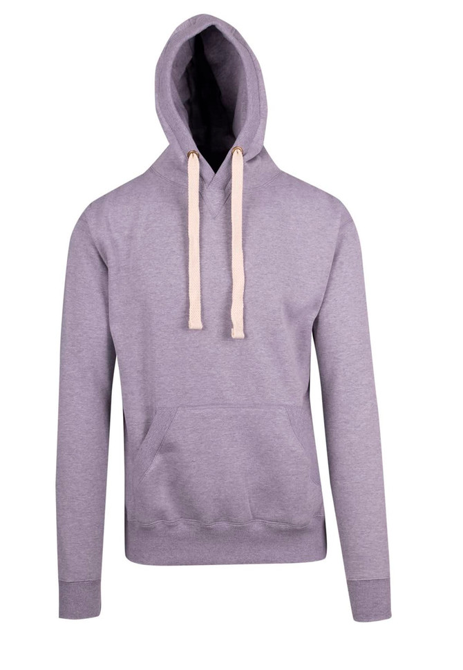 A grey men's brushed heavy fleece hoodie with a front pocket and drawstrings on the hood. It features a logo.