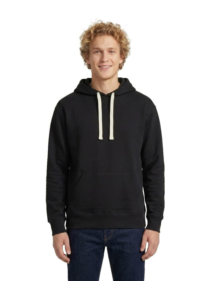 A purple and a blue men's brushed heavy fleece hoodie worn by a woman and man, both smiling. The hoodies have white drawstrings.