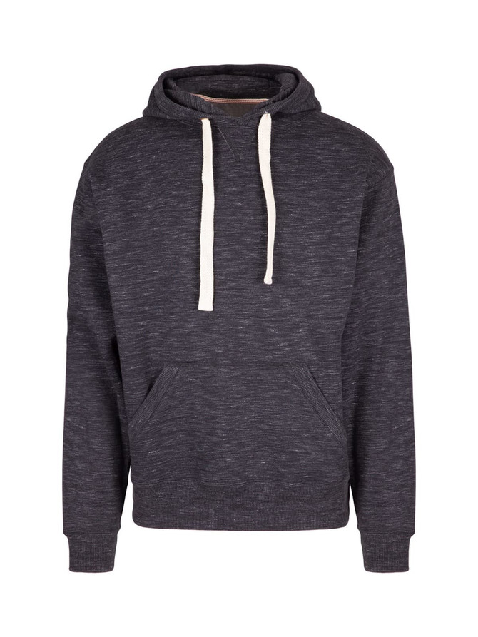 A men's brushed heavy fleece hoodie in dark grey with a kangaroo pocket and white drawstrings. Features a logo.