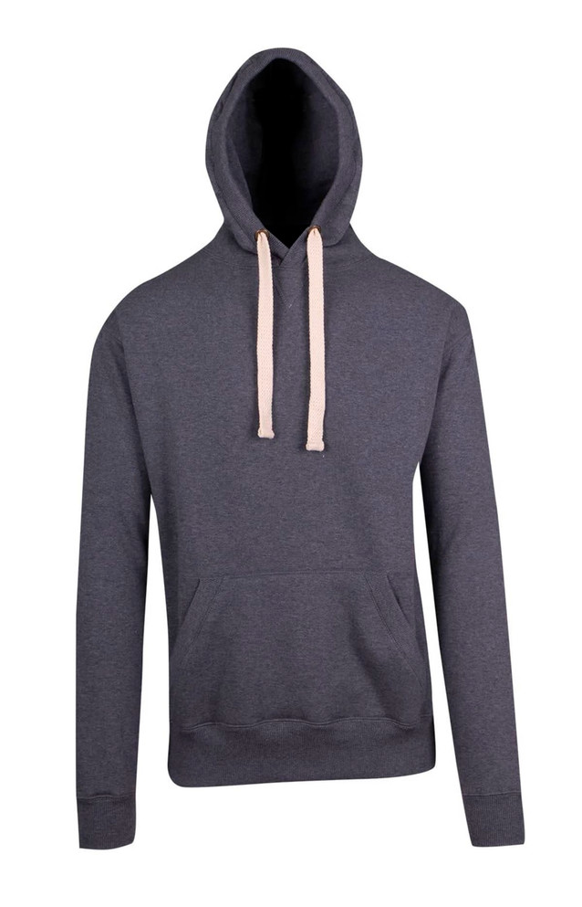 A grey men's brushed heavy fleece hoodie with a front pocket and cream-coloured drawstrings. It has a logo on it.