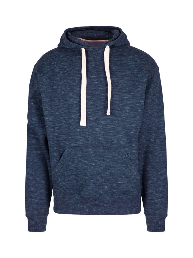 A navy blue men's brushed heavy fleece hoodie with a pouch pocket and drawstring hood, featuring a logo.