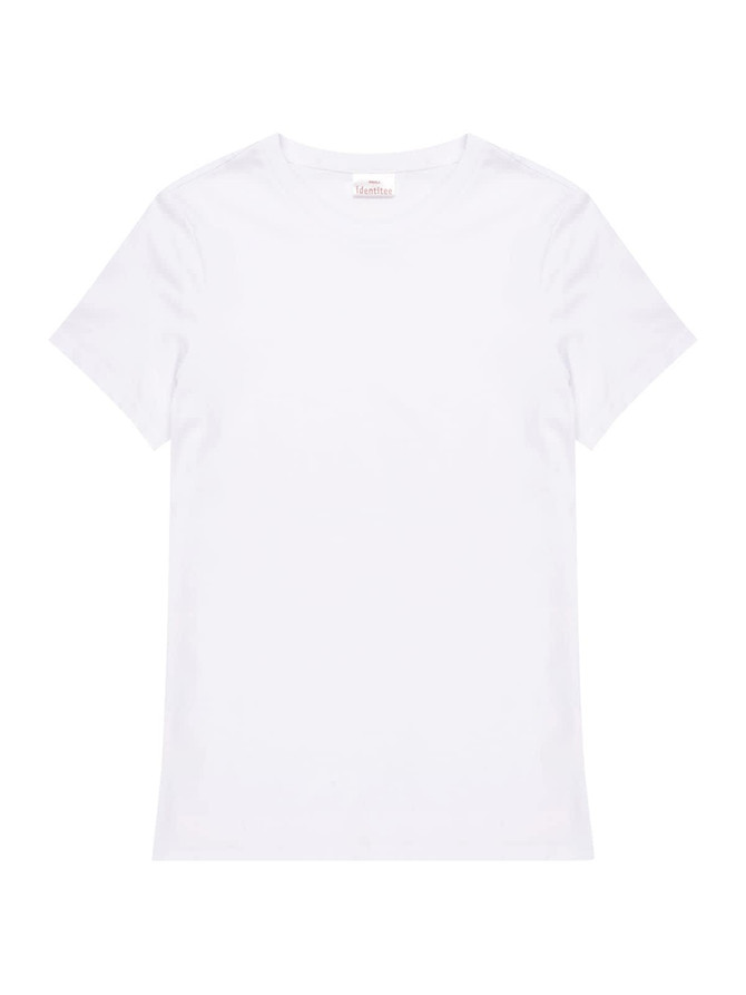 A plain white ladies' T-shirt with a fitted style and a logo on the label.