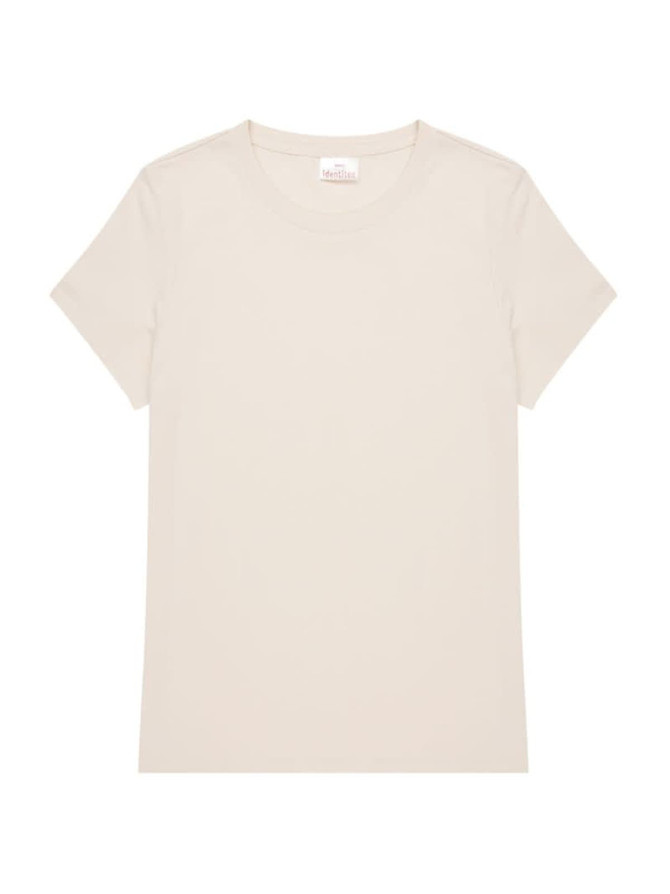 A cream-coloured ladies' t-shirt with a classic crew neckline and short sleeves, featuring a logo.