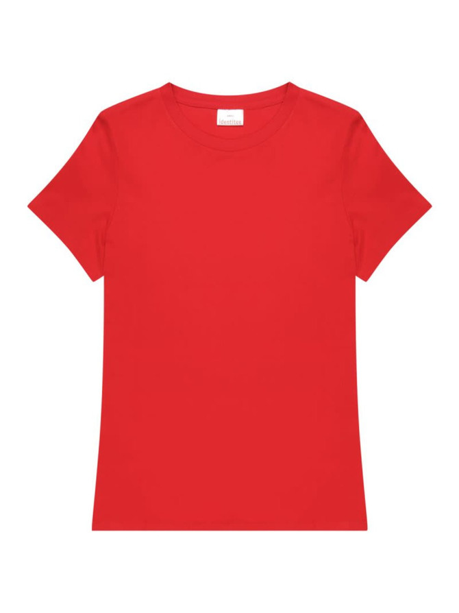 A red ladies' t-shirt with a simple design and short sleeves, featuring a tag at the neckline.