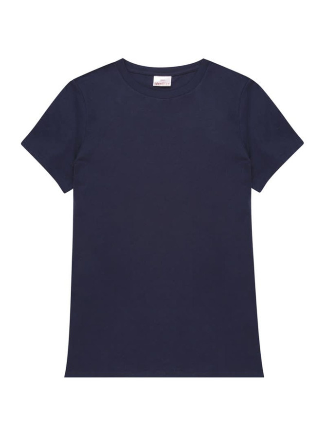 A navy ladies' t-shirt featuring a classic crew neckline and short sleeves, with a small logo.