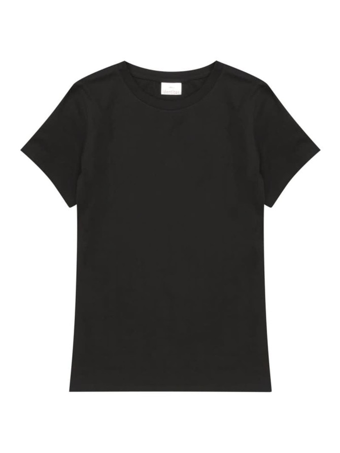 A black ladies' t-shirt with a classic crew neck and short sleeves, featuring a subtle branding label.