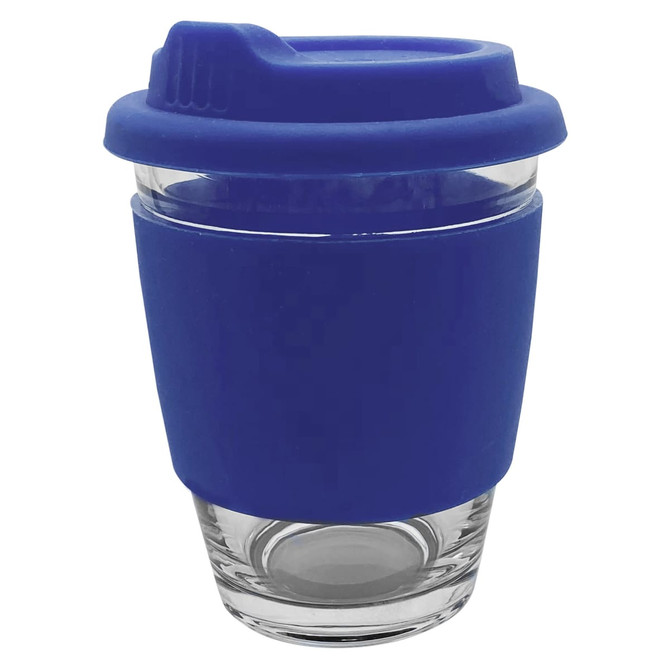 A glass coffee cup with a blue silicone sleeve and lid, featuring a transparent base and a logo.