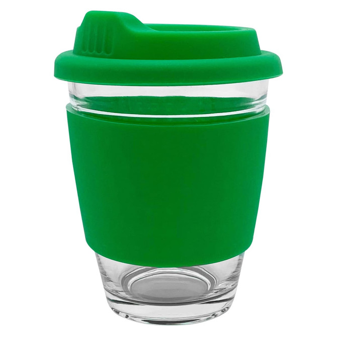 A drink bottle featuring a clear glass body and a green silicone sleeve and lid, with a logo on it.