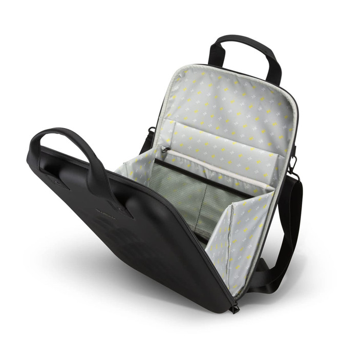 A black laptop case with a grey interior featuring yellow stars, displaying multiple compartments and handles.