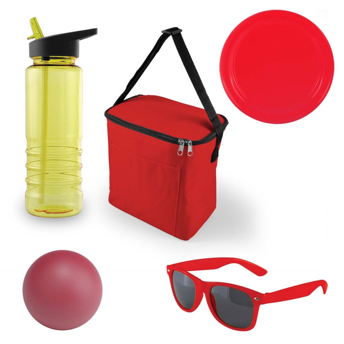 A red cooler bag, yellow drink bottle, red plate, red ball, and red sunglasses arranged together.