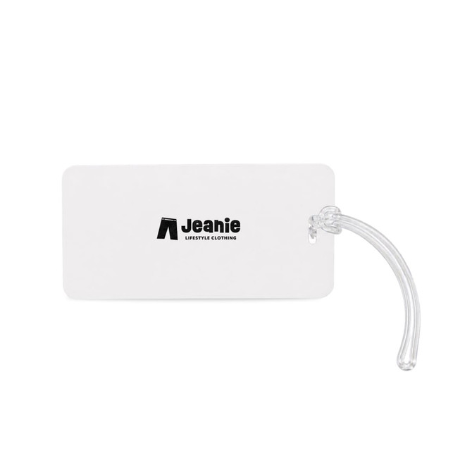 A white luggage tag with a transparent attachment and a logo. Simple, sleek design suitable for travel.