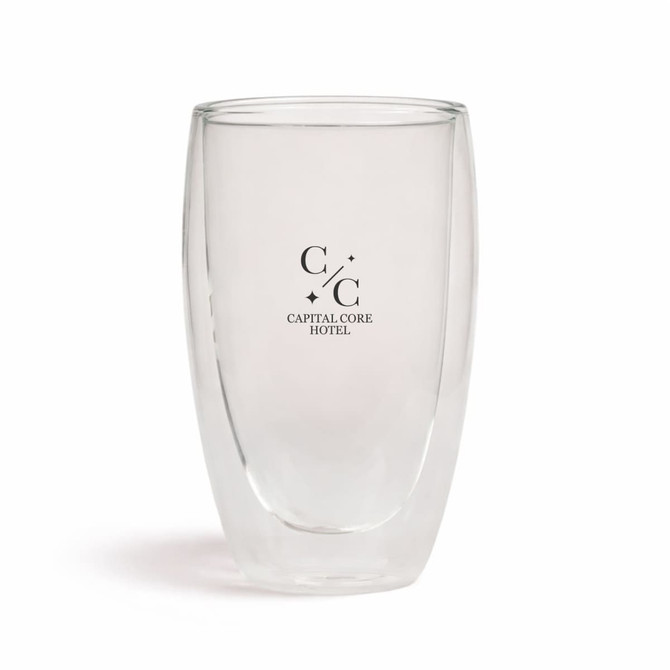A drink bottle with a clear double wall design, featuring a logo. Ideal for beverages.