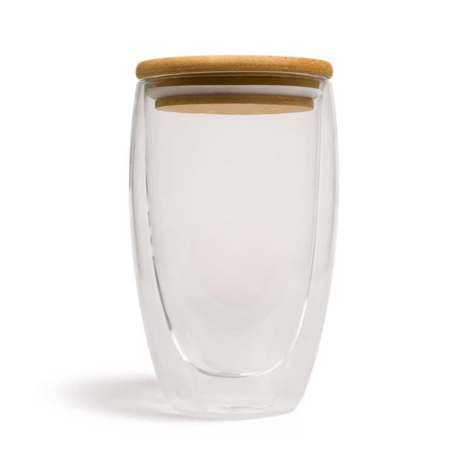 A drink bottle with a transparent double wall glass design and a wooden lid. Suitable for beverages.