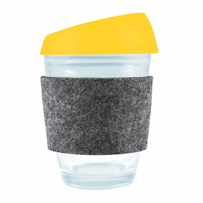 A reusable coffee cup featuring a transparent body, a bright yellow silicone lid, and a gray RPET band for insulation.