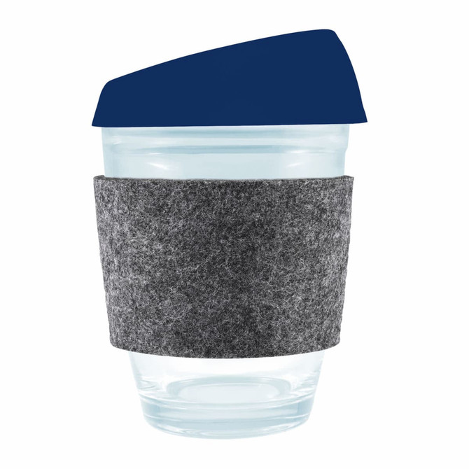A reusable coffee cup featuring a clear body, a navy silicone lid, and a grey RPET band for grip.