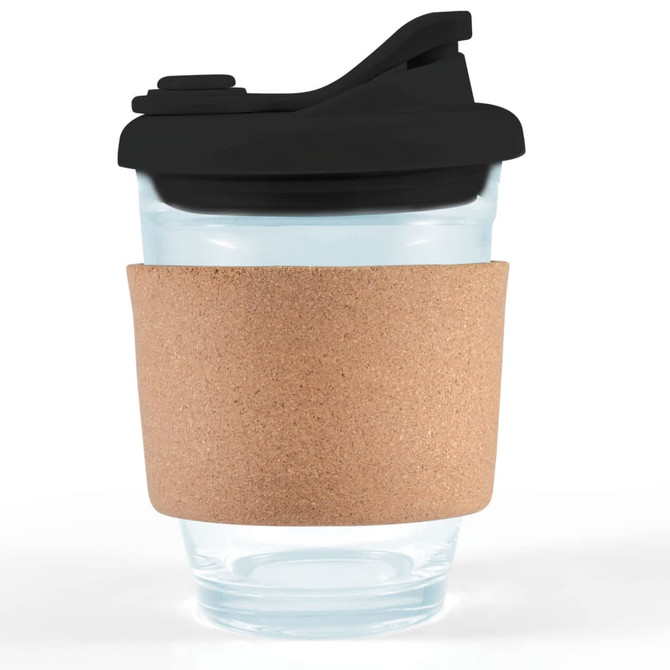 A reusable coffee cup featuring a clear glass body, a black snap lid, and a natural cork band for insulation and grip.